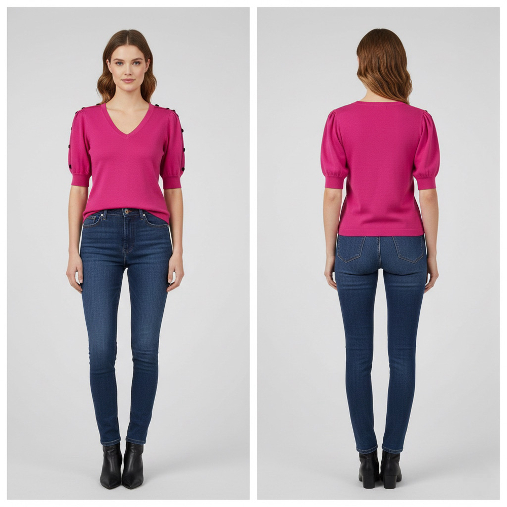 Karl Lagerfeld Paris Fuchsia Puff Sleeve V-Neck Knit Top Women’s Size Medium